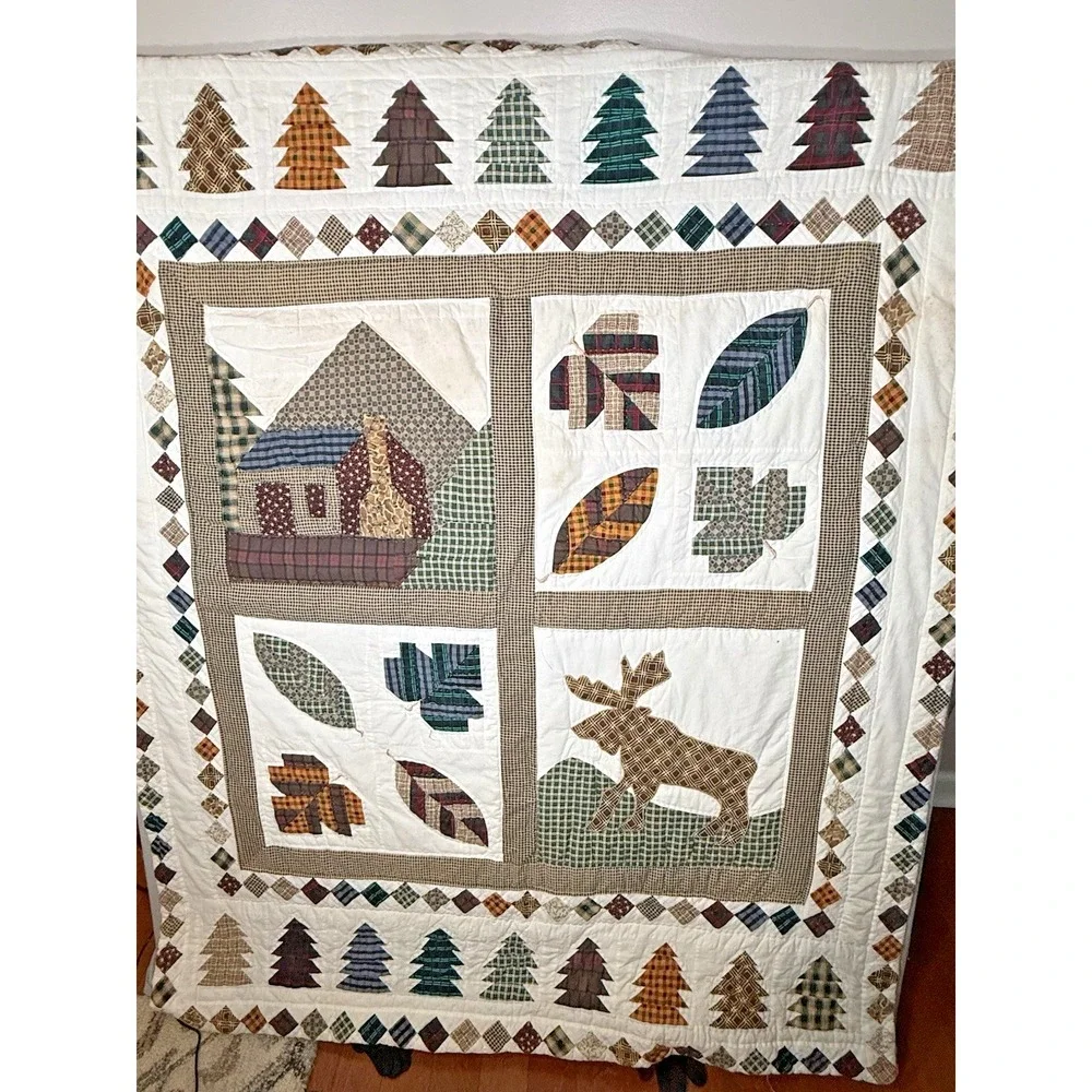 Vintage Patchwork Quilt Rustic Christmas Cabin Moose Lodge-Style Sampler 58x47